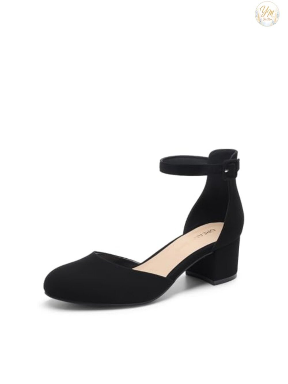 Women's Round Toe Low Block Heel Pumps Faux Leather Ankle Strap